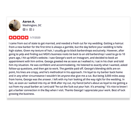 Mgx barber shop 5 star review from Aaron all the way from Washington